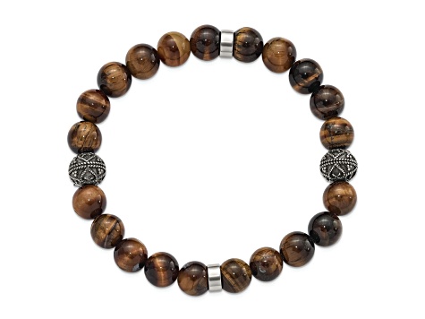 Stainless Steel Antiqued and Polished Tiger's Eye Stretch Bracelet