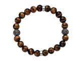 Stainless Steel Antiqued and Polished Tiger's Eye Stretch Bracelet