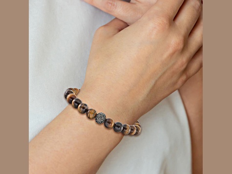 Stainless Steel Antiqued and Polished Tiger's Eye Stretch Bracelet
