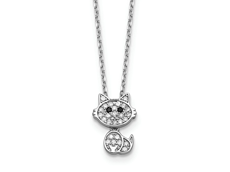Rhodium Over Sterling Silver Black and White Cubic Zirconia Cat