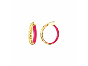 14K Yellow Gold Over Sterling Silver Enamel Hammered Hoop Earrings in Pink