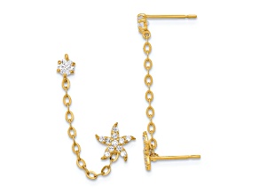 14K Yellow Gold Cubic Zirconia Double Post with Chain Starfish Earrings