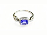 7x5mm Cushion Tanzanite and White CZ Rhodium Over Sterling Silver Ring, 0.86ctw