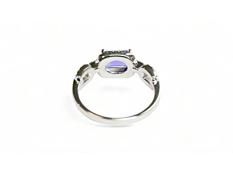 7x5mm Cushion Tanzanite and White CZ Rhodium Over Sterling Silver Ring, 0.86ctw