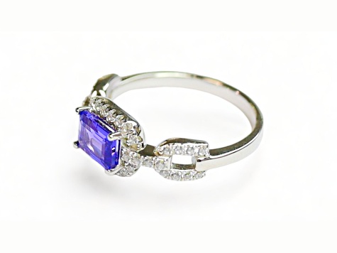 7x5mm Cushion Tanzanite and White CZ Rhodium Over Sterling Silver Ring, 0.86ctw