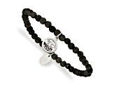 Stainless Steel Polished Angel Black Jade Beaded Stretch Bracelet