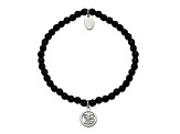 Stainless Steel Polished Angel Black Jade Beaded Stretch Bracelet