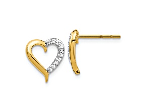 14k Yellow Gold and Rhodium Over 14k Yellow Gold Diamond Heart Stud Earrings