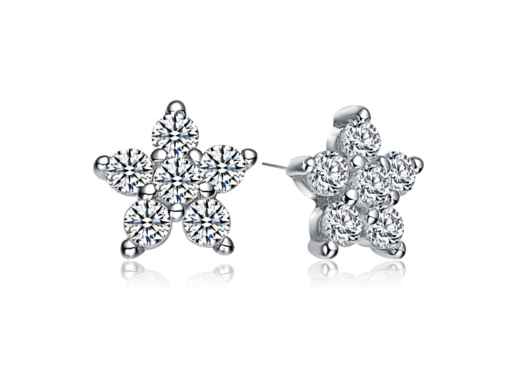Clear Cubic Zirconia, Rhodium Plated over Brass Star Shape Earrings
