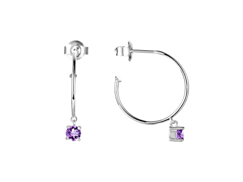 Round Amethyst Rhodium Over Sterling Silver Drop Hoop Earrings