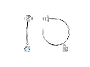 Picture of Round Blue Topaz Rhodium Over Sterling Silver Drop Hoop Earrings