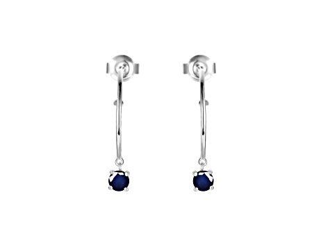 Round Blue Sapphire Rhodium Over Sterling Silver Drop Hoop Earrings