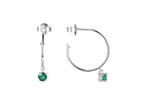 Round Green Emerald Rhodium Over Sterling Silver Drop Hoop Earrings