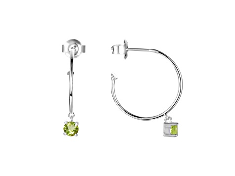 Round Green Peridot Rhodium Over Sterling Silver Drop Hoop Earrings