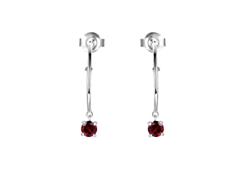 Round Red Garnet Rhodium Over Sterling Silver Drop Hoop Earrings
