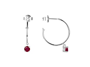Round Red Ruby Rhodium Over Sterling Silver Drop Hoop Earrings