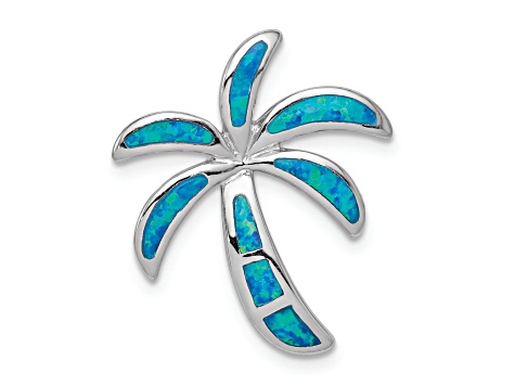 Rhodium Over Sterling Silver Lab Created Blue Opal Palm Tree Slide