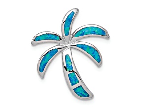 Rhodium Over Sterling Silver Lab Created Blue Opal Palm Tree Slide