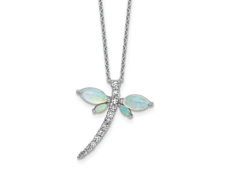Rhodium Over Sterling Silver Lab Created Opal and Cubic Zirconia Dragonfly