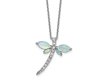Picture of Rhodium Over Sterling Silver Lab Created Opal and Cubic Zirconia Dragonfly