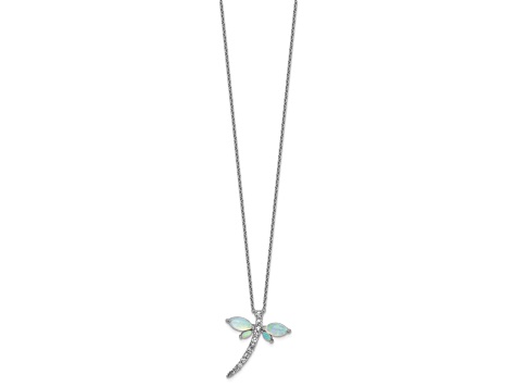 Rhodium Over Sterling Silver Lab Created Opal and Cubic Zirconia Dragonfly