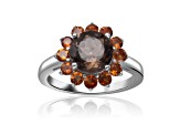 Smoky Quartz and Citrine Sterling Silver Flower Design Ring, 2.65ctw