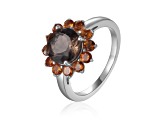 Smoky Quartz and Citrine Sterling Silver Flower Design Ring, 2.65ctw