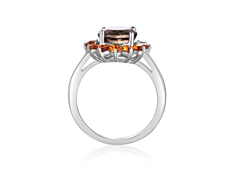 Smoky Quartz and Citrine Sterling Silver Flower Design Ring, 2.65ctw