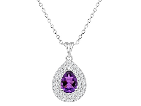 8x5mm Pear Shape Amethyst And White Topaz Rhodium Over Sterling Silver Double Halo Pendant w/Chain