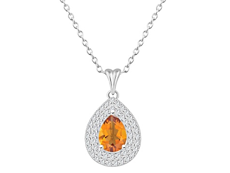 8x5mm Pear Shape Citrine And White Topaz Rhodium Over Sterling Silver Double Halo Pendant w/Chain