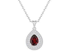 8x5mm Pear Shape Garnet And White Topaz Rhodium Over Sterling Silver Double Halo Pendant w/Chain