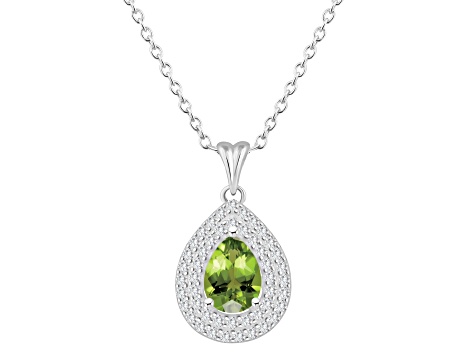 8x5mm Pear Shape Peridot And White Topaz Rhodium Over Sterling Silver Double Halo Pendant w/Chain