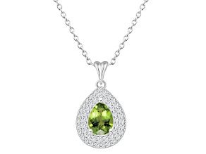 8x5mm Pear Shape Peridot And White Topaz Rhodium Over Sterling Silver Double Halo Pendant w/Chain