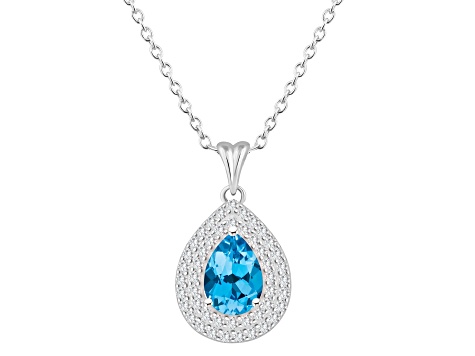 8x5mm Pear Shape Swiss Blue Topaz And White Topaz Rhodium Over Sterling Double Halo Pendant w/Chain