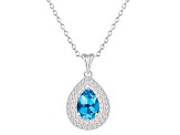 8x5mm Pear Shape Swiss Blue Topaz And White Topaz Rhodium Over Sterling Double Halo Pendant w/Chain
