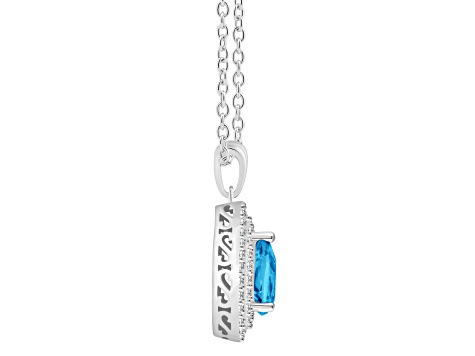 8x5mm Pear Shape Swiss Blue Topaz And White Topaz Rhodium Over Sterling Double Halo Pendant w/Chain