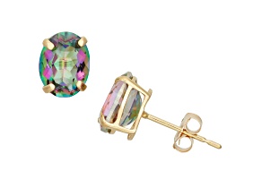 Oval Lab Created Mystic Fire Green Topaz 10K Yellow Gold Earrings 2.70ctw