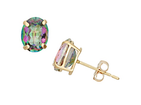 Oval Lab Created Mystic Fire Green Topaz 10K Yellow Gold Earrings 2.70ctw