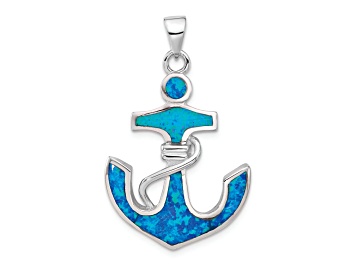 Picture of Rhodium Over Sterling Silver Blue Lab Created Opal Anchor Pendant
