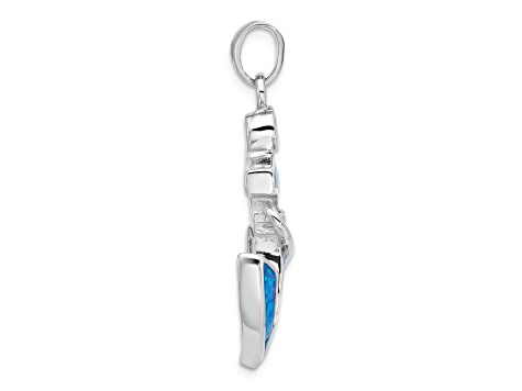Rhodium Over Sterling Silver Blue Lab Created Opal Anchor Pendant