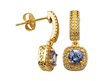 Picture of Blue Tanzanite & White Lab Sapphire 18k Yellow Gold Over Sterling Silver Dangle Earrings 1.34ctw