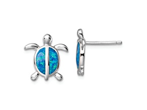 Rhodium Over Sterling Silver Lab Created Opal Turtle Post Earrings