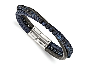 Leather and Stainless Steel Polished with Blue Chalcedony Tiger's Eye Bracelet