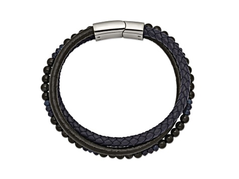 Stainless Steel Polished Multi Strand Tiger's Eye and Black Agate Beaded Black Leather 8.25