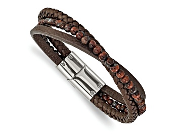Picture of Leather and Stainless Steel Polished with Tiger's Eye Brown 8.25-inch Bracelet