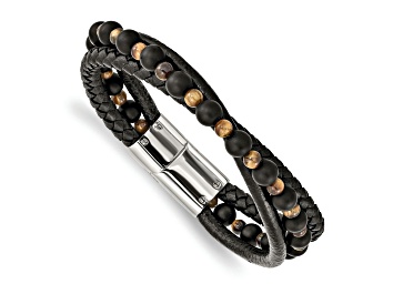 Picture of Leather and Stainless Steel Polished with Tiger's Eye and Black Agate 8.25-inch Bracelet