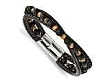 Leather and Stainless Steel Polished with Tiger's Eye and Black Agate 8.25-inch Bracelet