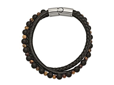 Stainless Steel Polished Multi Strand Tiger's Eye and Black Agate Beaded Black Leather 8.25