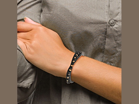 Stainless Steel Polished Multi Strand Tiger's Eye and Black Agate Beaded Black Leather 8.25