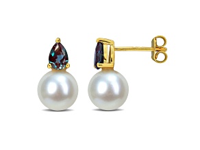 8.5-9MM FW Cultured Pearl and Created Alexandrite Stud Earrings in Yellow Plated Sterling Silver